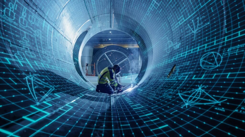 A worker in a safety vest welds inside a large pipe, surrounded by digital blueprints and glowing grid lines, illustrating advanced engineering processes.