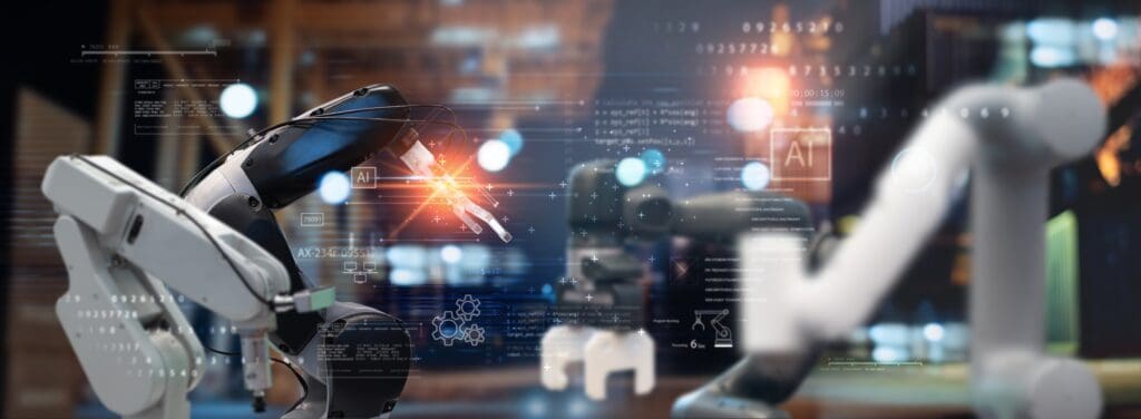 Robotic arms operate in a high-tech environment, showcasing AI integration with digital data overlays, illustrating advancements in automation and manufacturing.